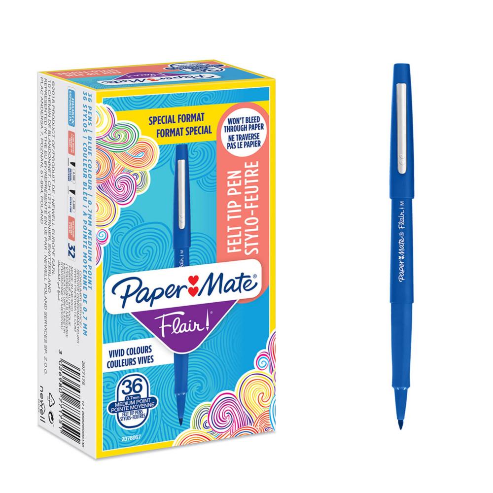 Stylo feutre  capuchon Paper Mate Flair Original pointe moyenne 1 mm - Bleu - Pack de 30 + 6 OFFERTS