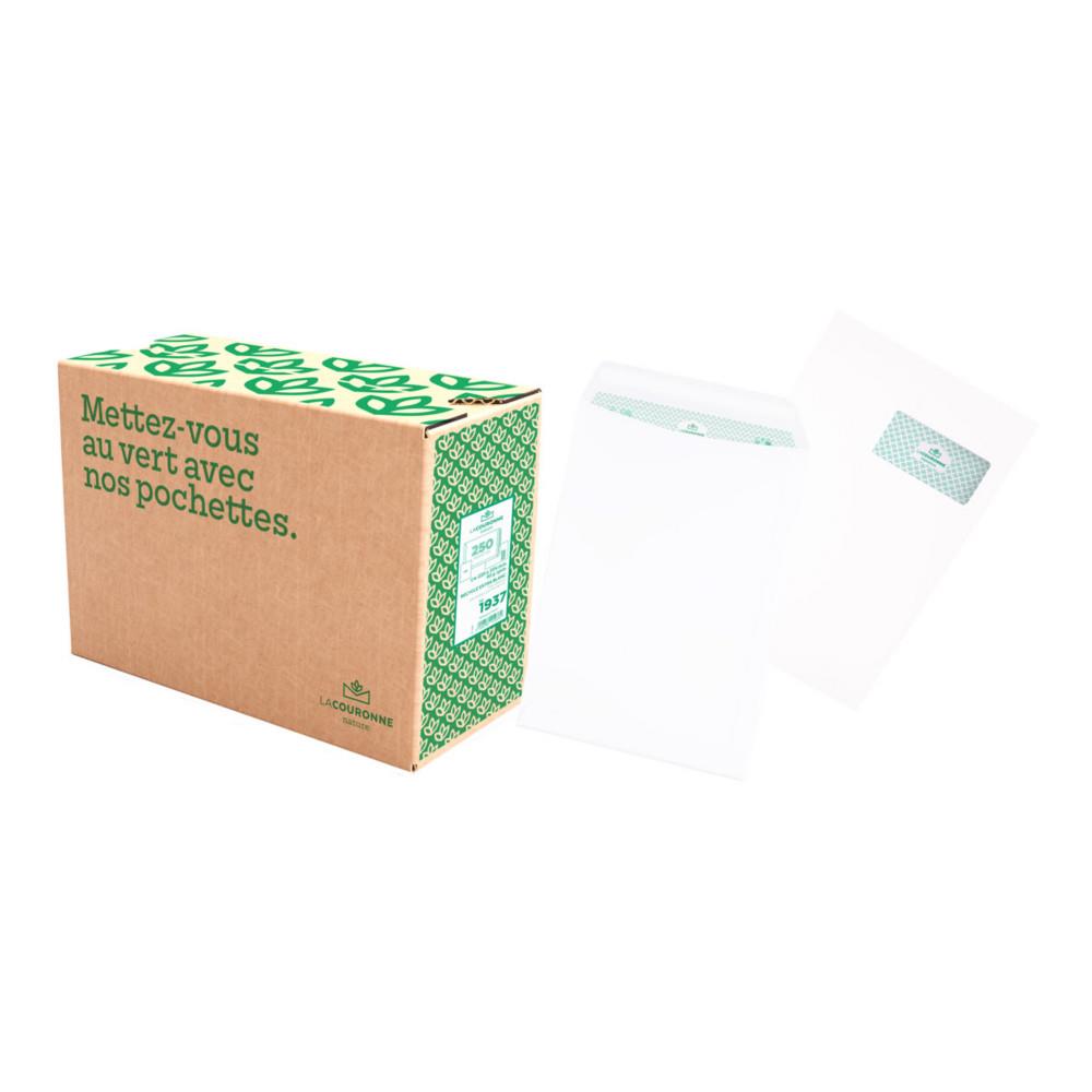Pochette blanches La Couronne recycl�es C4 - 229 x 324 mm 90g - Fen�tre 110 x 50 mm - Autocollante bande protectrice - Lot de 250