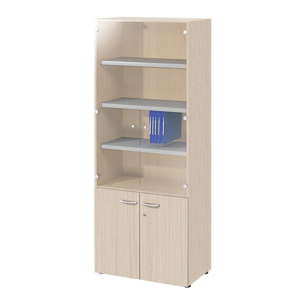 Meuble haut E-link direction vitrine - H 202 cm ch�ne - 2 portes basses - portes hautes verre
