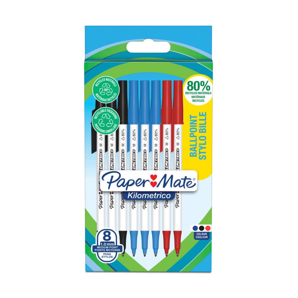 Stylo  bille  capuchon Papermate Kilometrico pointe moyenne 1 mm - Noir, Bleu, Rouge - sachet de 8