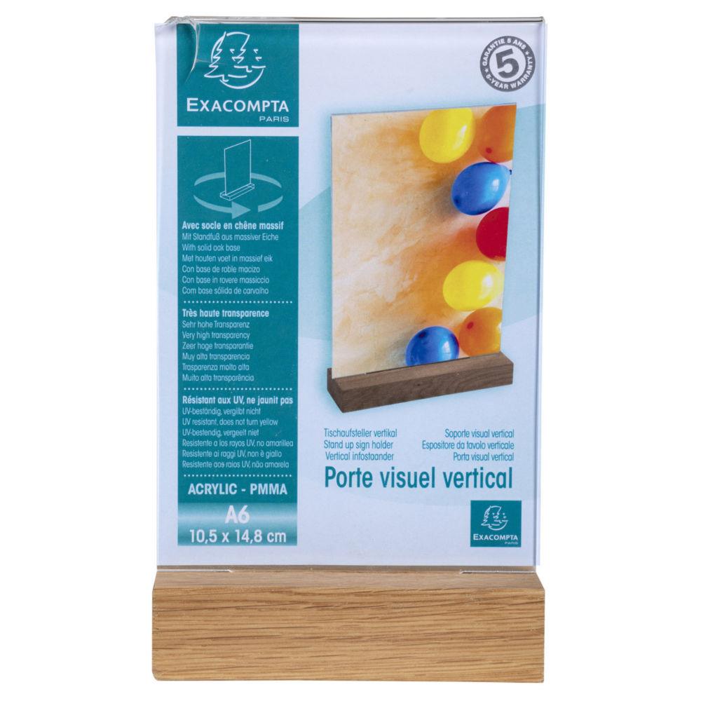 Prsentoir de document vertical A6 Exacompta Cristal avec socle en bois - Transparent