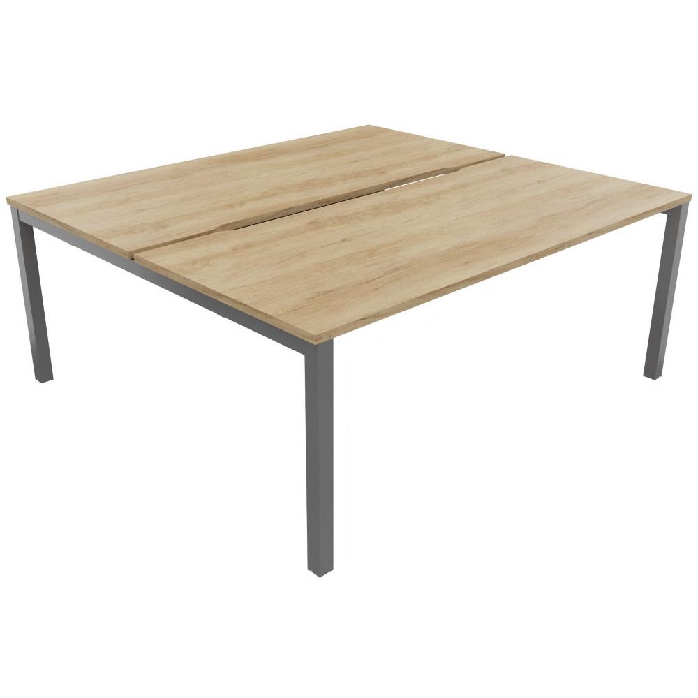 Bureau bench 2 postes Osmose d�part L180 - plateaux �chancr�s Ch�ne Nebraska - pieds m�tal Aluminium