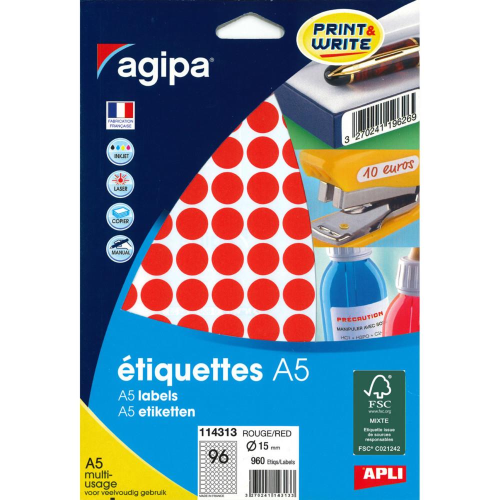 Pastilles adh�sives Agipa rondes o 15 mm - 114313 - A5 - Pochette de 10 feuilles de 96 - 960 �tiquettes - Rouge