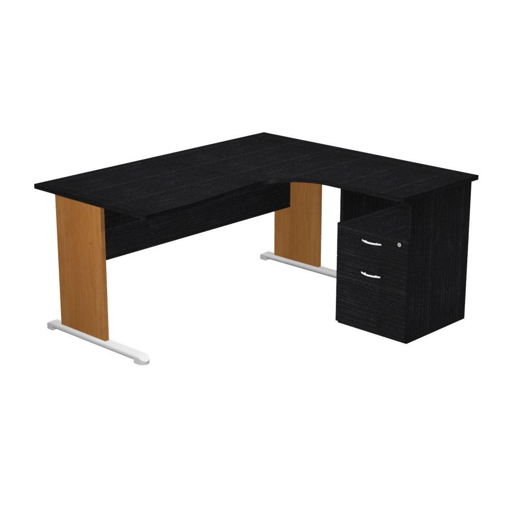 Pack Pulse - 1 bureau compact retour � droite noir pieds aulne  - 1 caisson hauteur bureau prof. 60 cm