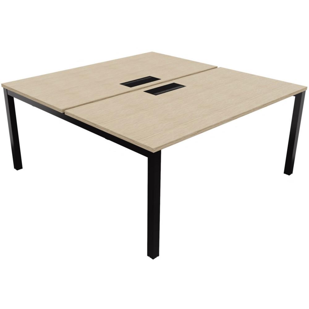Bureau bench 2 postes Osmose d�part L160 x P163 cm Plateaux Ch�ne avec trappe d'acc�s aux c�bles Pieds m�tal Noir