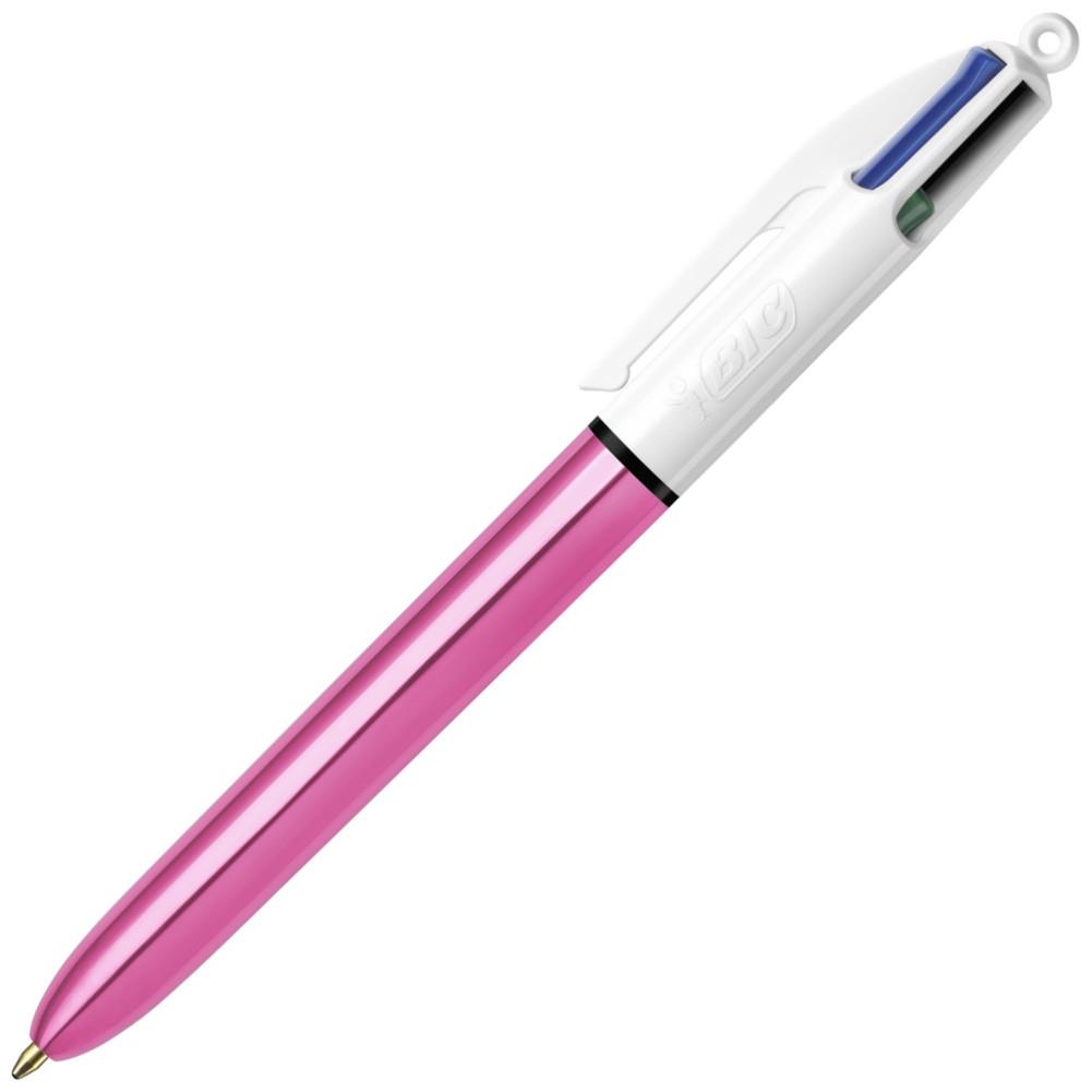 Stylo bille Bic rtractable 4 couleurs Shine - pointe moyenne 1 mm - corps rose mtal