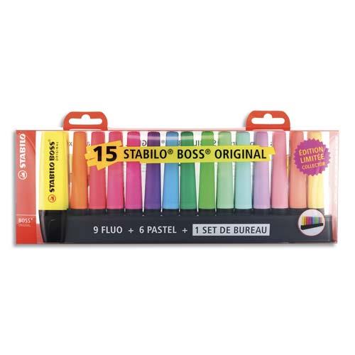 Surligneurs Stabilo Boss Original - pointe biseaute - coloris assortis - coffret de 15 + 1 deskset offert