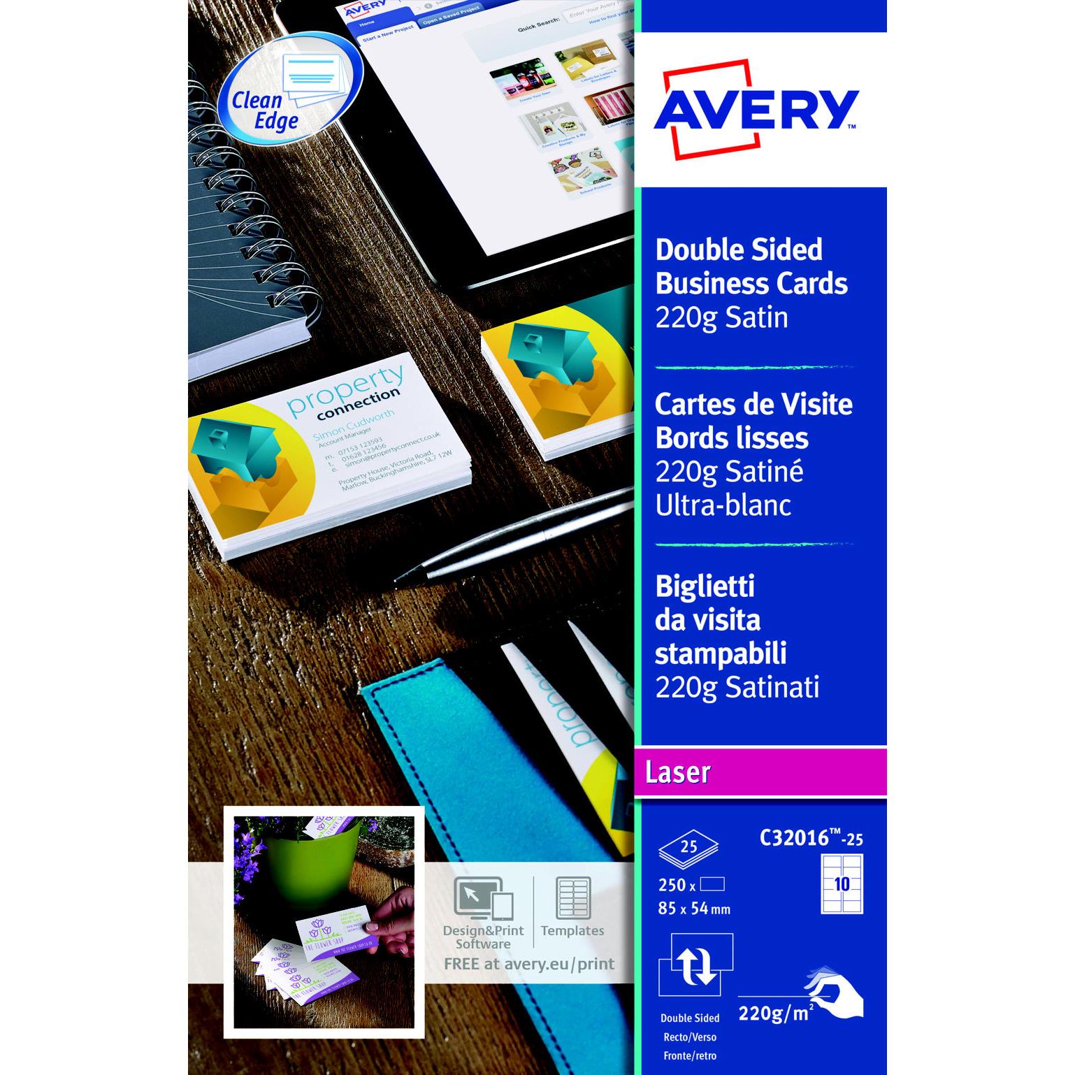 Cartes de visite Avery C32016 - impression laser - 8,5 x 5,4 cm - 220 g - pochette de 250 cartes