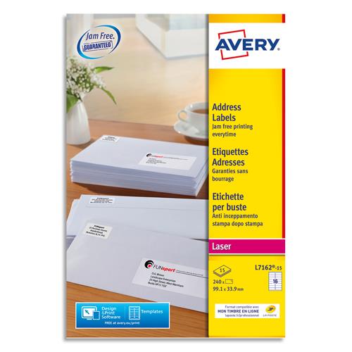 Etiquettes adresse/expdition Avery L7162-15 - 99,1 x 33,9 mm - impression laser - blanc - bote de 240