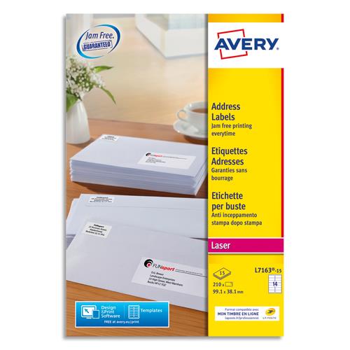 Etiquettes adresse/expdition Avery L7163-15 -  99,1 x 38,1mm - impression laser - blanc - bote de 210