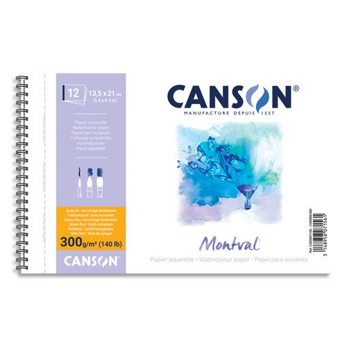 Papier aquarelle Canson Montval - 300 g - 13.5 x 21 - grain fin - blanc naturel - bloc de 12 feuilles