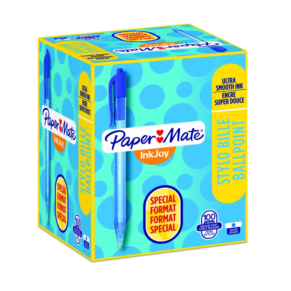 Stylo bille Papermate Inkjoy 100 - rtractable - pointe moyenne - bleu - bote de 100