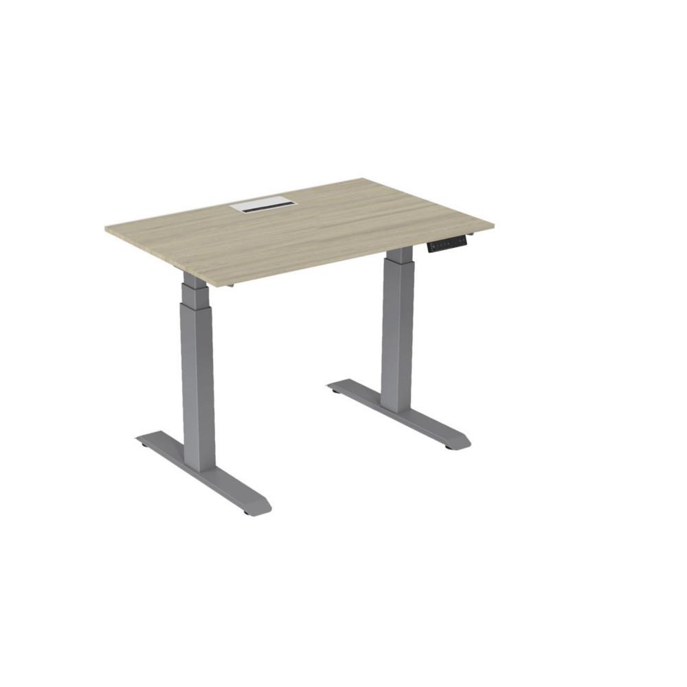 Bureau �lectrique hauteur r�glable Nova L120 cm plateau avec top access Ch�ne - pieds m�tal Gris