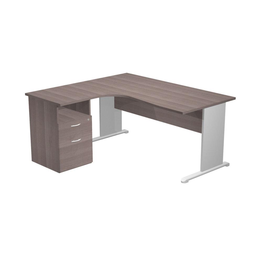 Pack Pulse Tendance - 1 bureau compact retour � gauche - cendre - pieds aluminium  -  1 caisson hauteur bureau prof. 60 cm