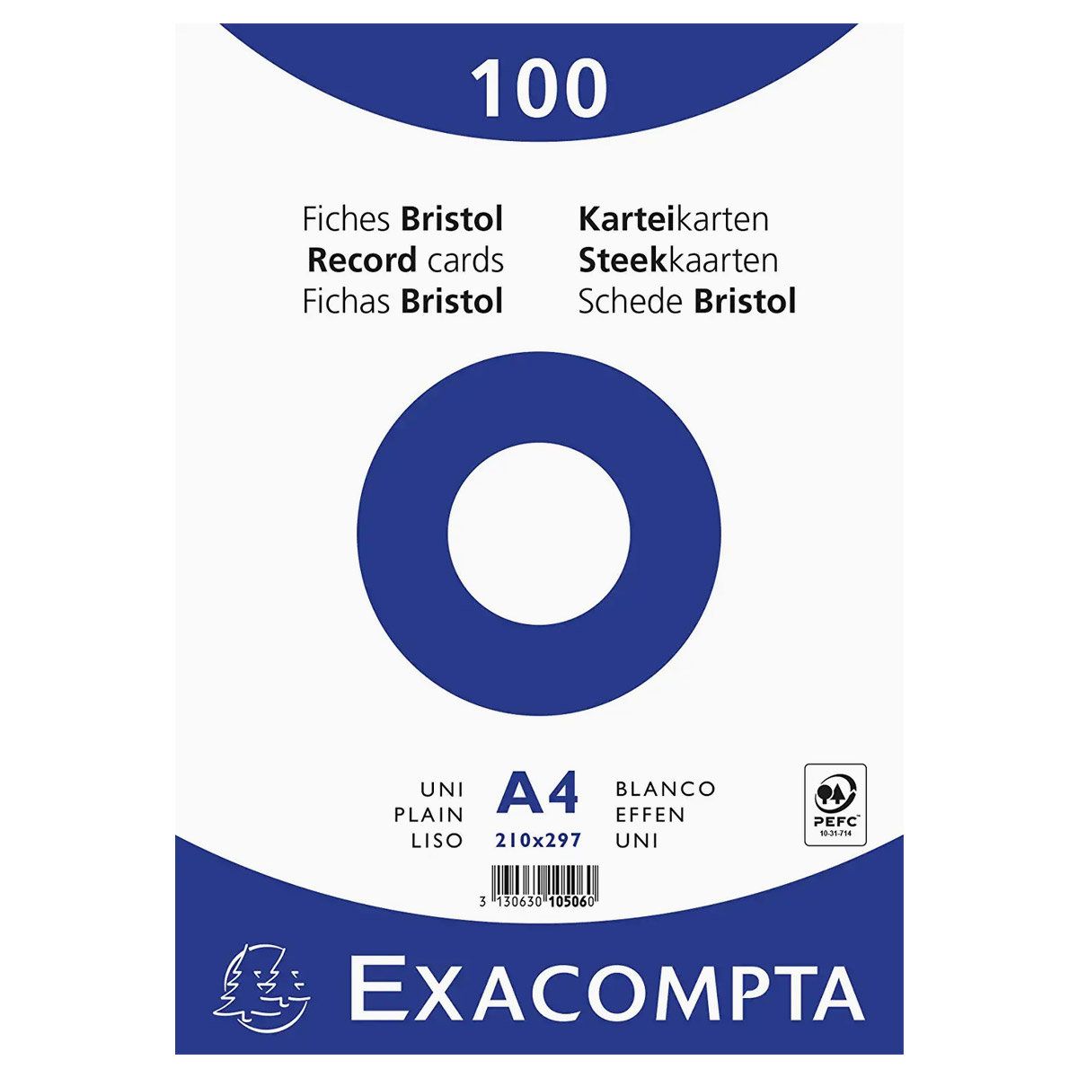 Sachet de 100 fiches bristol Exacompta (sous-film) non perfores 210x297mm (A4) unies Blanc