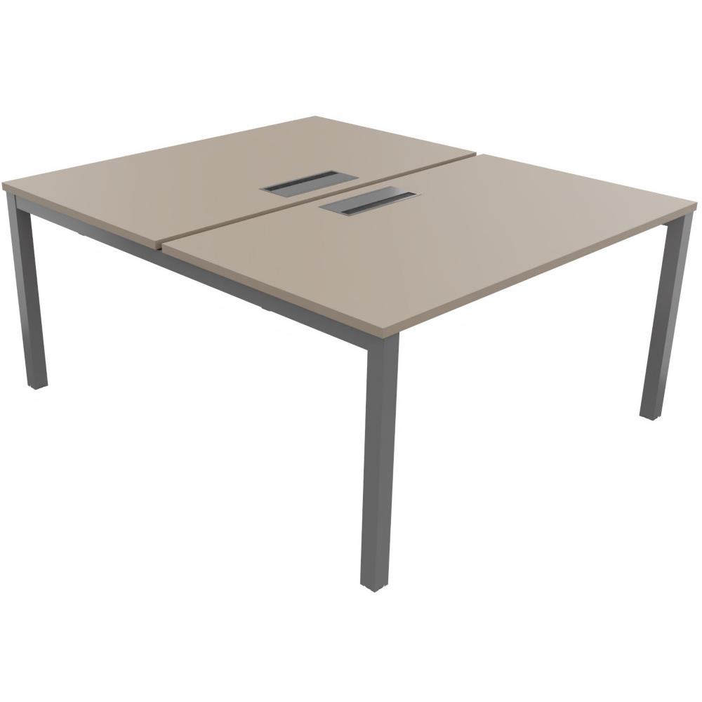 Bureau bench 2 postes Osmose d�part L140 x P163 cm Plateaux Argile avec trappe d'acc�s aux c�bles Pieds m�tal Aluminium