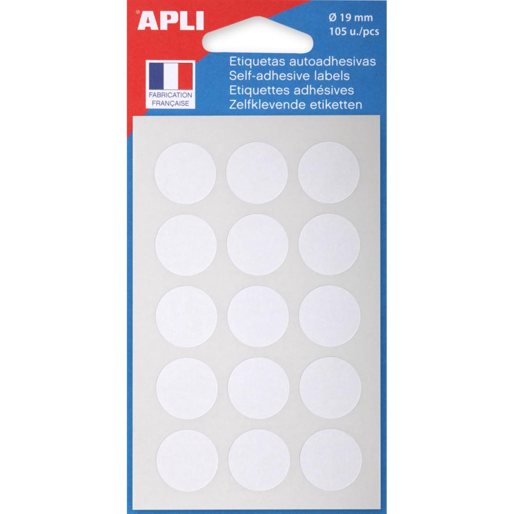 Pastilles adh�sives APLI Agipa Diam�tre 19 mm - 111941 - Pochette A5 de 105 �tiquettes - Blanc