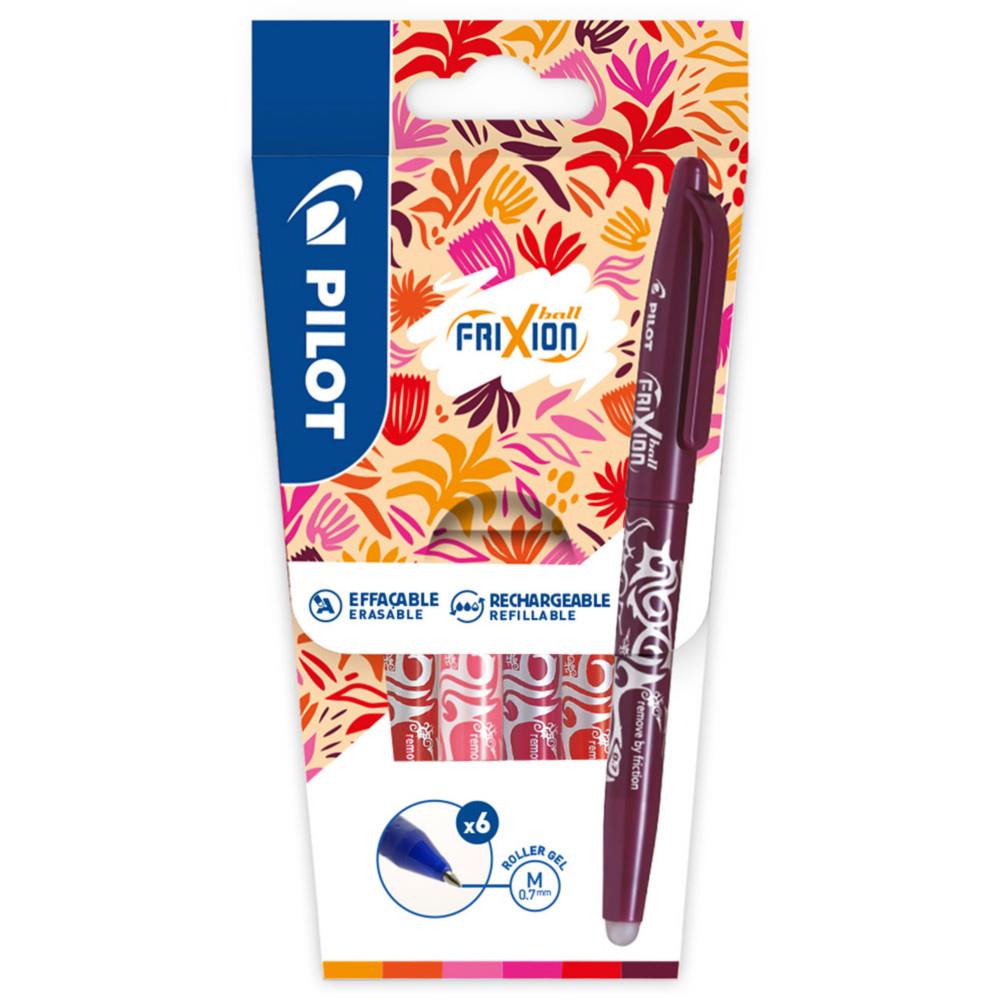 Roller encre gel effaable Pilot FriXion Ball pointe moyenne 0,7 mm - Pochette de 6 couleurs assorties tons chauds