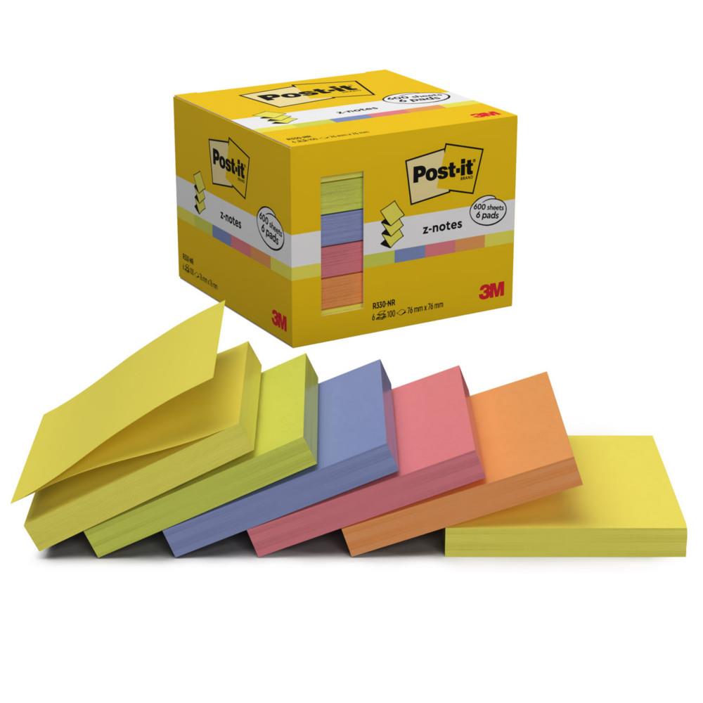 Notes repositionnables Post-it Z-Notes 76 x 76 mm - Assorties N�on - Lot 6 blocs de 100 feuilles