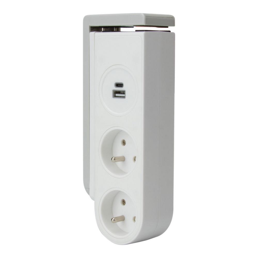 Bloc multiprise clipsable Otio Gekko 2 prises 16A + 2 USB - Blanc
