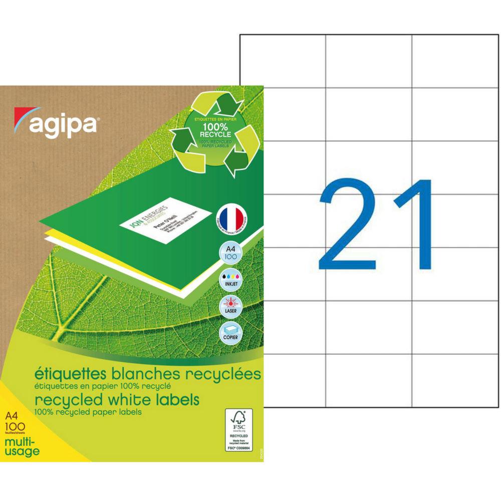 Etiquettes adresses recycles blanches Apli - 70 x 42,4 mm - 100 feuilles A4 - 2100 tiquettes par bote
