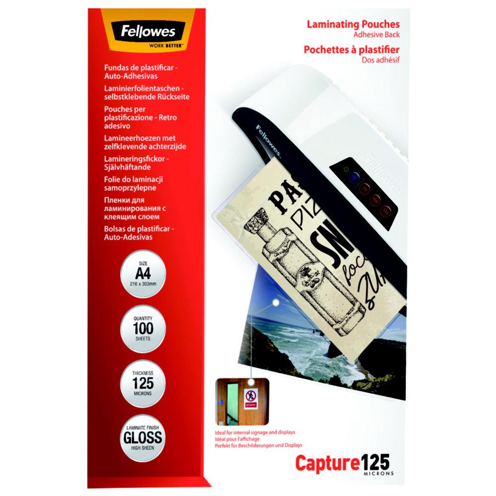 Pochettes de plastification Fellowes A4 dos adhsif - Epaisseur : 125 microns par face - Bote de 100