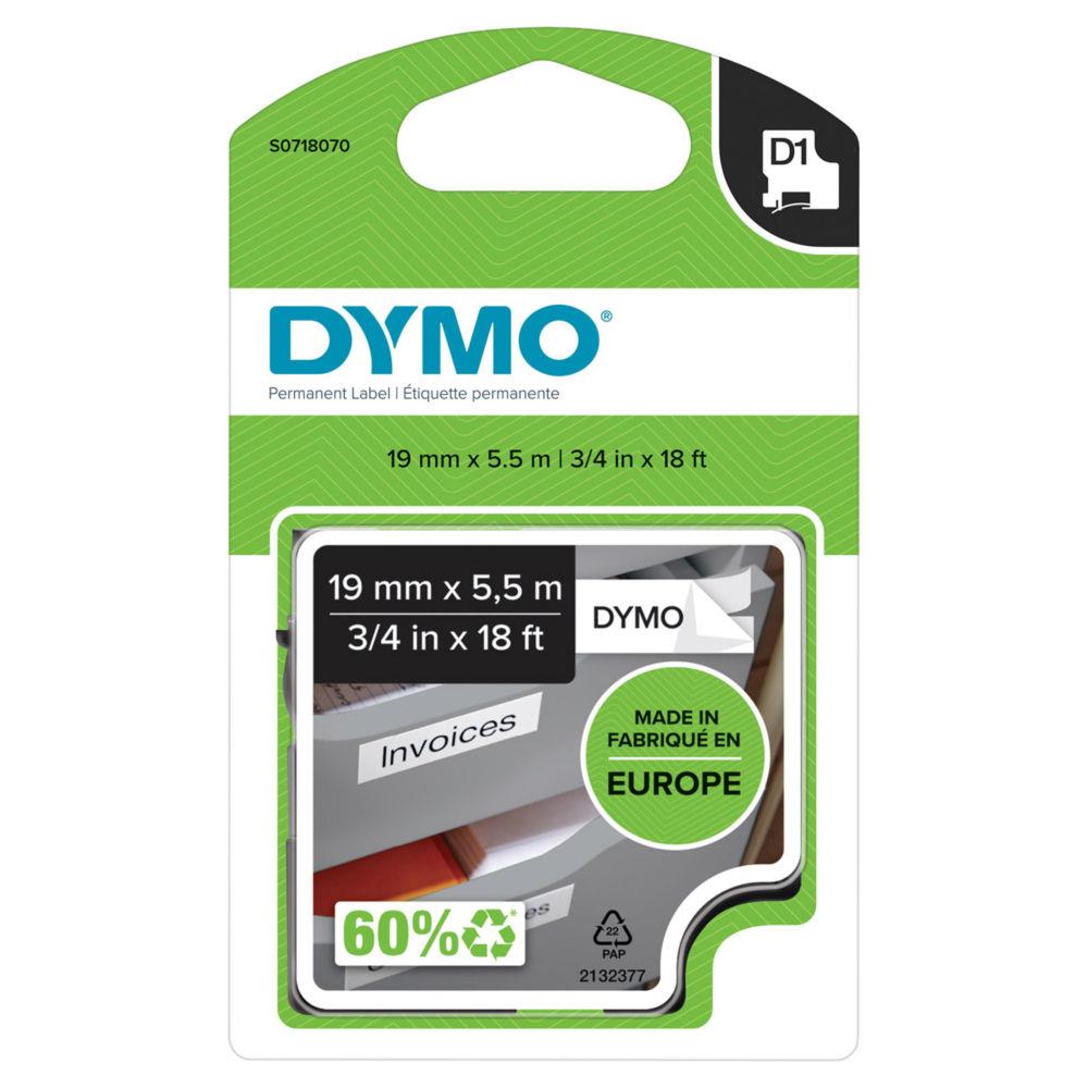 Ruban nylon Dymo D1 S0718070 pour tiqueteuse - 19 mm x 5,5 m - Noir sur Blanc