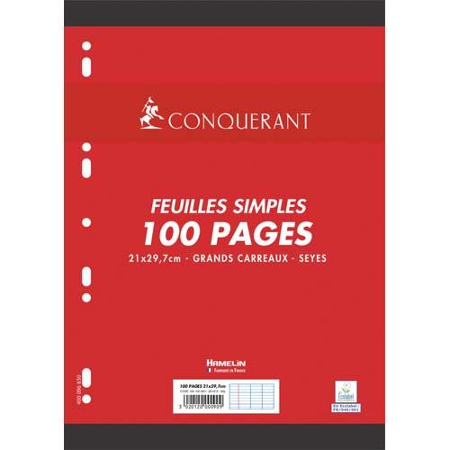 Feuilles mobiles Conquerant perfors - 21 x 29,7 cm - 100 pages - 90g - grands carreaux