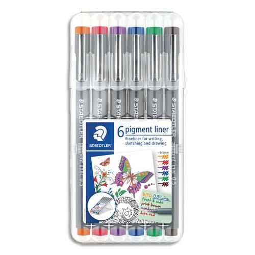 Feutres pigment Staedtler liner 308 - pointe calibre bague mtal 0,5 mm - coloris assortis - tui de 6