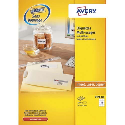 Etiquettes multi usages Avery 3474 - 70 x 70 mm - blanc - bote de 1200 - pour laser jet d'encre et copieur