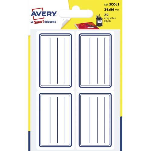 Etiquettes scolaires Avery - lignes bleu - 36 x 56 mm - sachet de 20