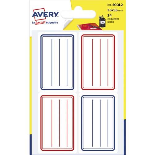 Etiquettes scolaires Avery - lignes bleu et rouge - 36 x 56 mm - sachet de 24