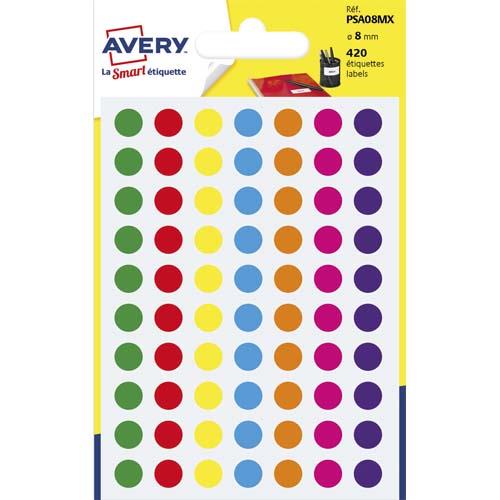 Pastilles adhsives Avery - diamtre 8 mm - pour criture manuelle - coloris assortis - sachet de 420