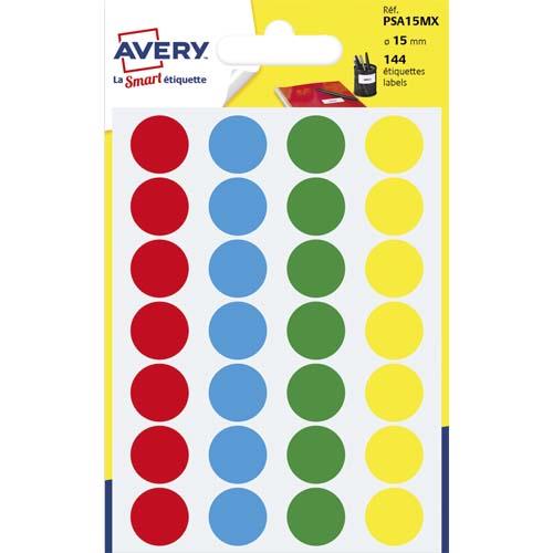 Pastilles adhsives Avery - diamtre 15 mm - pour criture manuelle - coloris assortis - sachet de 144