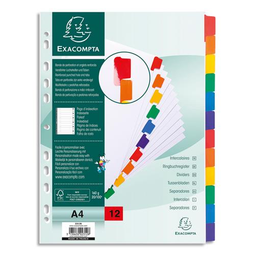 Intercalaire touches neutres Exacompta - carte blanche 170g - A4 - 12 positions renforces