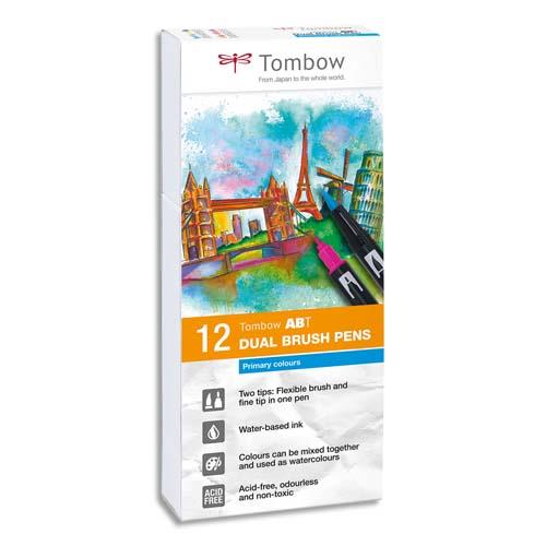 Feutres Tombow ABT double pointe - pinceau + fine - couleurs primaires assortis - bote de 12