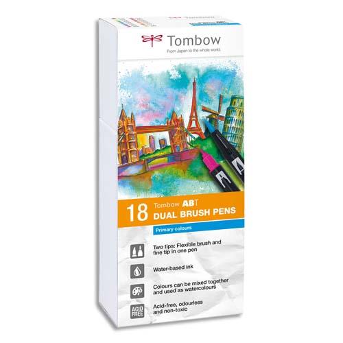Feutres Tombow ABT double pointe - pinceau + fine - couleurs primaires assortis - bote de 18