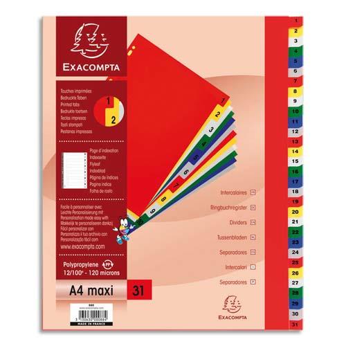 Intercalaires numriques Exacompta - 31 positions multicolores - polypropylne - A4+