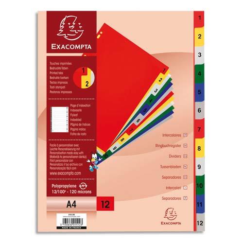 Intercalaires numriques Exacompta - 12 positions multicolores - polypropylne - A4