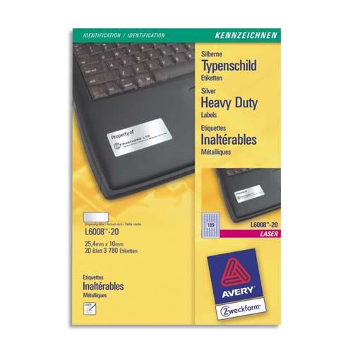 Etiquettes Avery L6008 - mtalliques - impression laser - 25.4x10 mm - bote de 3780