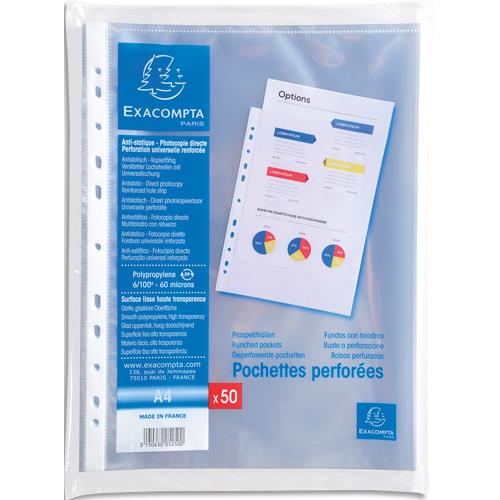 Sachet de pochettes perfores Exacompta A4 en polypropylne lisse 6/100e
