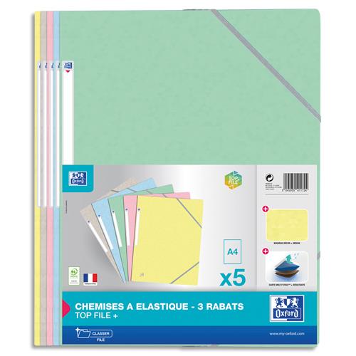 Chemise 3 rabats  lastiques Oxford Topfile+ - carte lustre - A4 - coloris pastels assortis - lot de 5