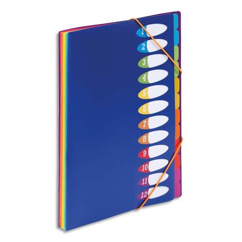 Trieur Viquel Happy fluo - PP 5/10e - 12 touches - dos soufflets - fermeture lastique - A4 - coloris bleu