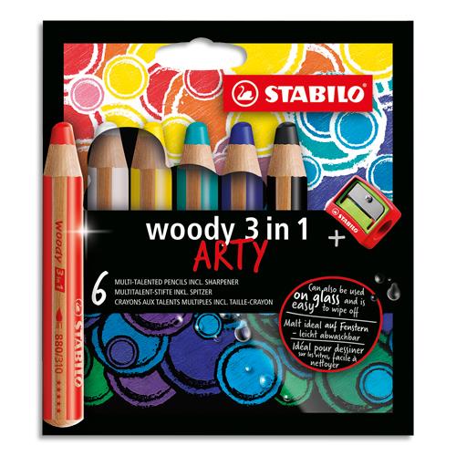 Crayons couleur Stabilo Woody 3en1 Arty - mine extra large 10 mm - etui de 6 - assortis + 1 taille crayon