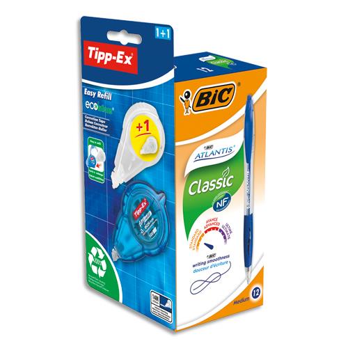 Billes Bic Atlantis - pointe moyenne - pack de 12 - bleue - 1 roller de correction 5 mm x 14m