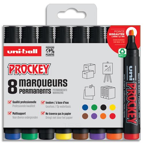 Marqueur permanent Uniball Prockey - pointe biseaute - pochette de 8 - assortis