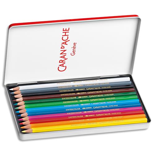 Bote mtal de 12 crayons de couleur Caran d'Ache Aquarellables SWISSCOLOR METAL SWISS DRAPEAU