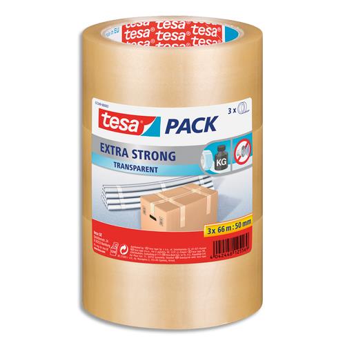 Adhsifs d'emballage Extra Strong Tesa - PVC - 52 microns - H50 mm x L66 m - transparent - lot de 3