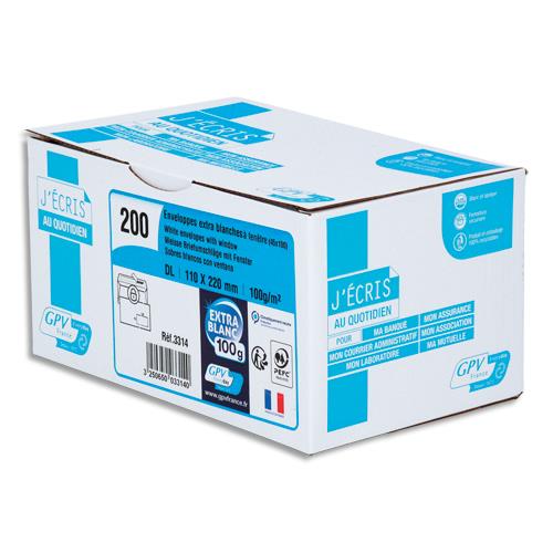 Enveloppe recycle GPV - format DL - 110 x 220 mm - fentre 35 x 100 mm - blanches - auto-adhsives PEFC - 100g - bote de 200