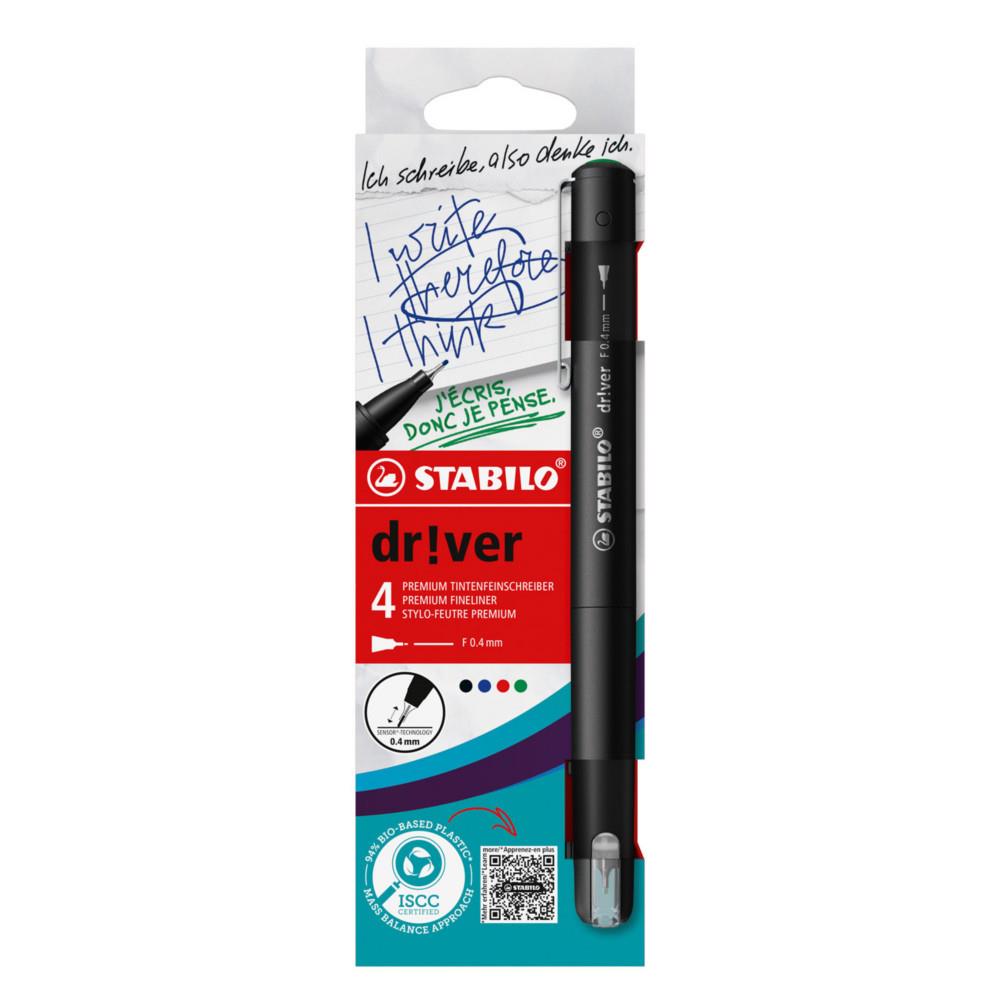 Stylo-feutre Dr!ver Stabilo pointe fine -0,4 mm - Corps en plastique biosourc� - Pochette de 4 couleurs